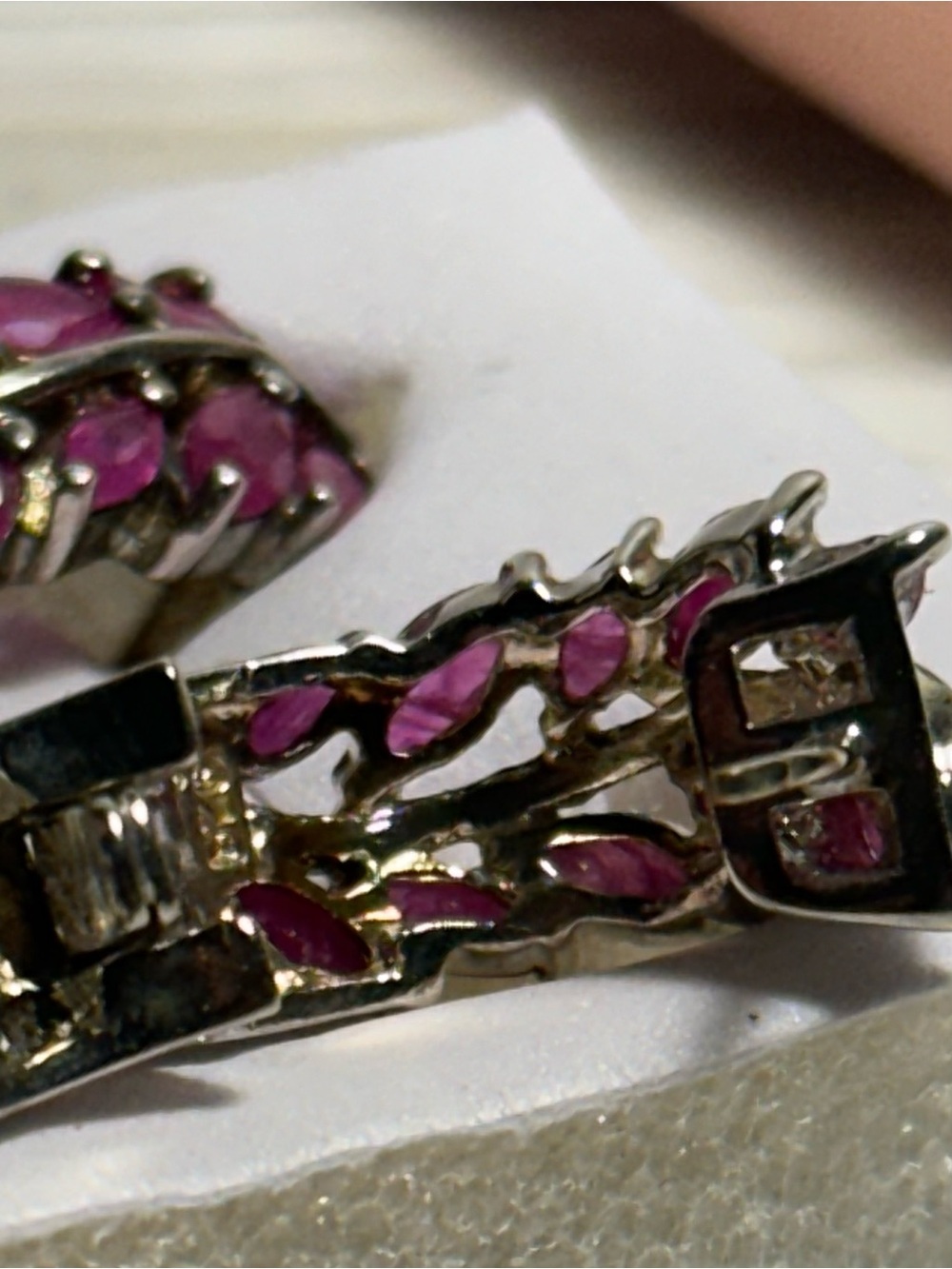 Vintage Sterling Silver Pink/Red Ruby Hinged Huggie Earrings For Pierced Ears - Picture 9 of 10